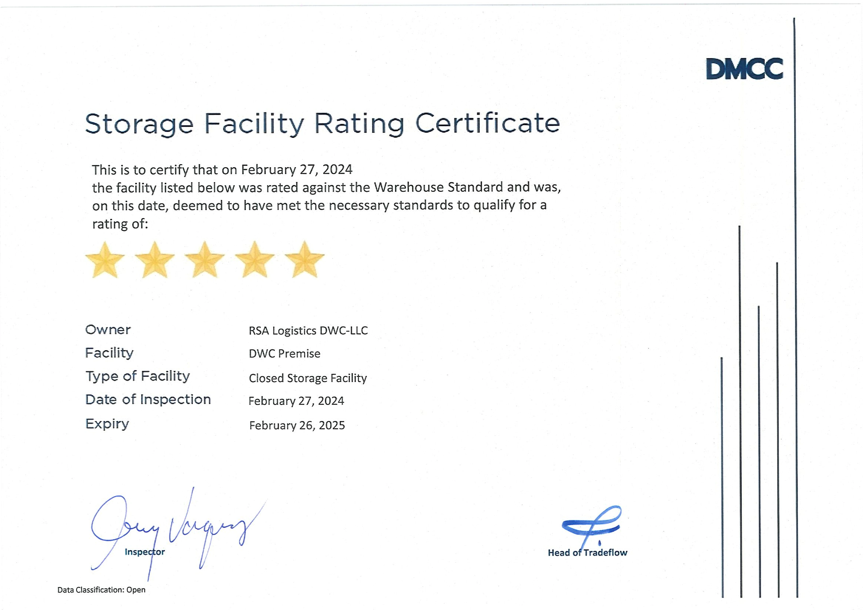 DMCC - Storage Facility Rating Certificate